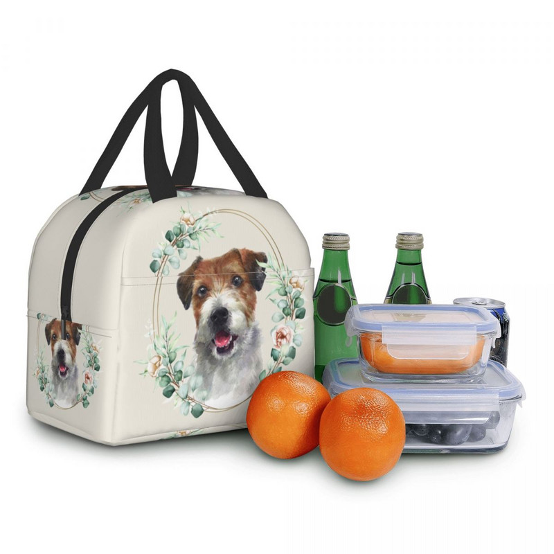 Câine Jack Russell Terrier în geantă de prânz cu izolație florală pentru femei, cutie frigorifică termică pentru iubitor de animale de companie, genți de călătorie pentru picnic