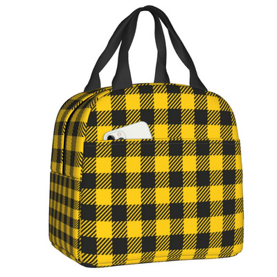 Fekete-fehér Gingham Lunch Box Női Geometrikus kockás kockás Cooler Termikus Élelmiszer-szigetelt Ebédtáska Munkahelyi Pikniktáskák