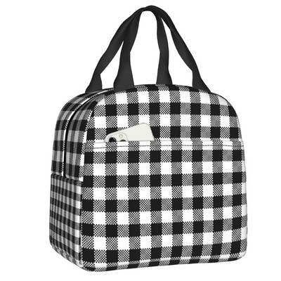 Fekete-fehér Gingham Lunch Box Női Geometrikus kockás kockás Cooler Termikus Élelmiszer-szigetelt Ebédtáska Munkahelyi Pikniktáskák