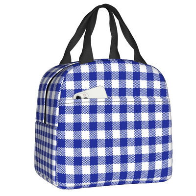Fekete-fehér Gingham Lunch Box Női Geometrikus kockás kockás Cooler Termikus Élelmiszer-szigetelt Ebédtáska Munkahelyi Pikniktáskák