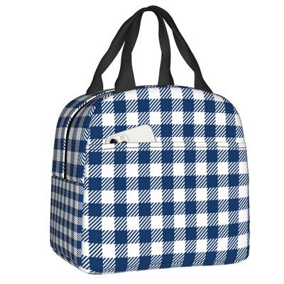 Fekete-fehér Gingham Lunch Box Női Geometrikus kockás kockás Cooler Termikus Élelmiszer-szigetelt Ebédtáska Munkahelyi Pikniktáskák
