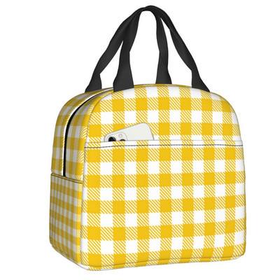 Fekete-fehér Gingham Lunch Box Női Geometrikus kockás kockás Cooler Termikus Élelmiszer-szigetelt Ebédtáska Munkahelyi Pikniktáskák