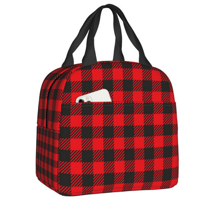 Fekete-fehér Gingham Lunch Box Női Geometrikus kockás kockás Cooler Termikus Élelmiszer-szigetelt Ebédtáska Munkahelyi Pikniktáskák