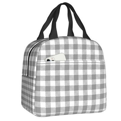 Fekete-fehér Gingham Lunch Box Női Geometrikus kockás kockás Cooler Termikus Élelmiszer-szigetelt Ebédtáska Munkahelyi Pikniktáskák