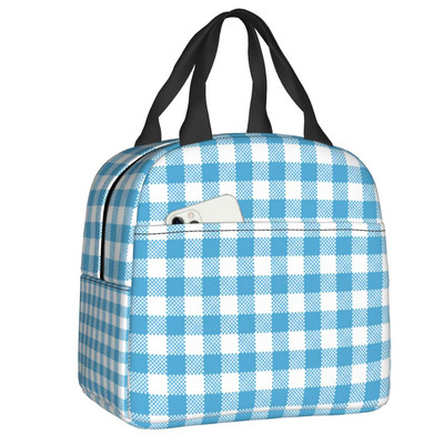 Fekete-fehér Gingham Lunch Box Női Geometrikus kockás kockás Cooler Termikus Élelmiszer-szigetelt Ebédtáska Munkahelyi Pikniktáskák