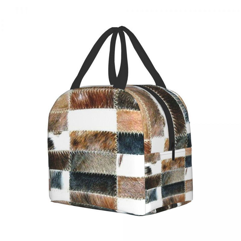 Geantă de prânz din piele de vacă cu imprimeu din piele de vacă, pentru femei, portabilă, termoizolată, cutie de prânz pentru alimente, copii, școlari