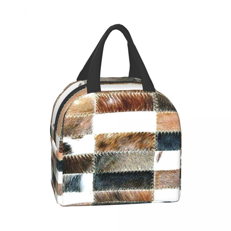 Geantă de prânz din piele de vacă cu imprimeu din piele de vacă, pentru femei, portabilă, termoizolată, cutie de prânz pentru alimente, copii, școlari