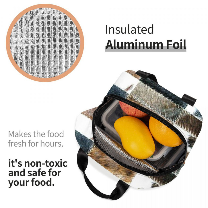 Geantă de prânz din piele de vacă cu imprimeu din piele de vacă, pentru femei, portabilă, termoizolată, cutie de prânz pentru alimente, copii, școlari