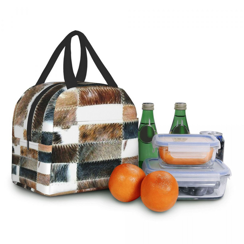 Geantă de prânz din piele de vacă cu imprimeu din piele de vacă, pentru femei, portabilă, termoizolată, cutie de prânz pentru alimente, copii, școlari