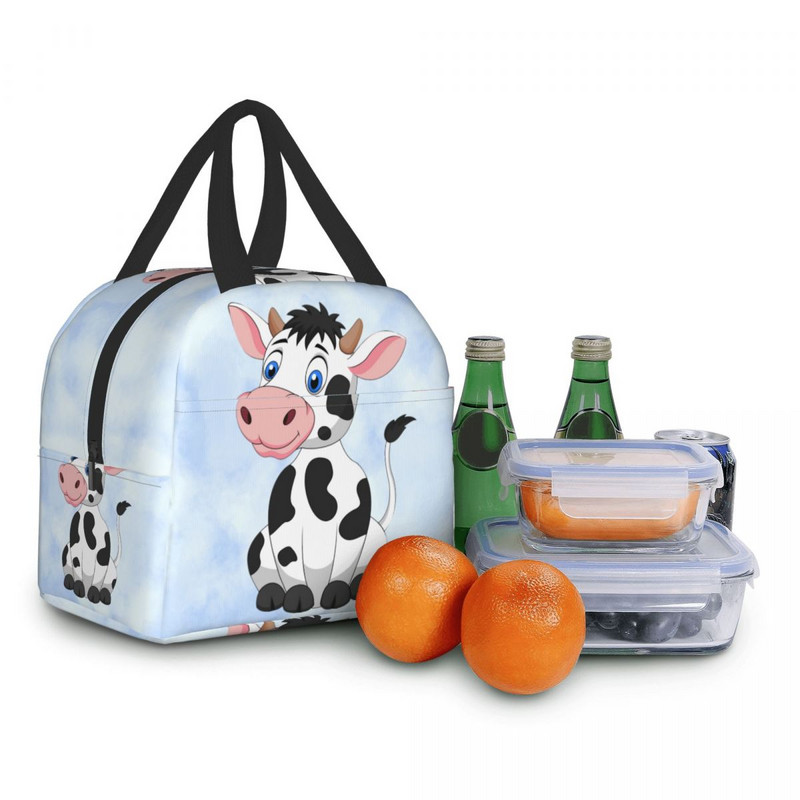 Geantă de prânz izolată cu lapte de vacă de desene animate drăguță pentru femei, cutie de prânz rezistentă la scurgeri, cutie de prânz pentru copii, copii, mâncare de picnic