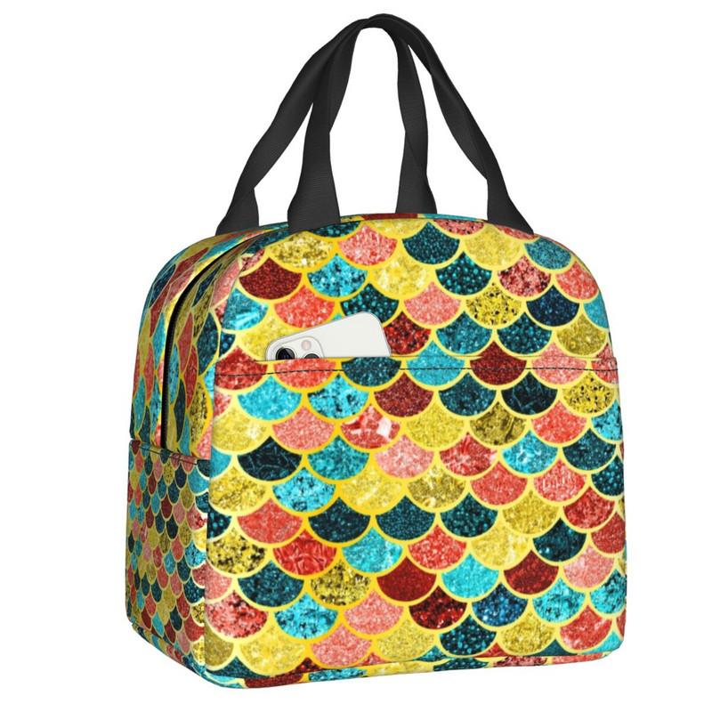 Πολύχρωμες ζυγαριές γοργόνας Glitter Εκτύπωση μονωμένη τσάντα μεσημεριανού γεύματος για γυναίκες Resuable Cooler Thermal Food Lunch Box Camping Travel Picnic
