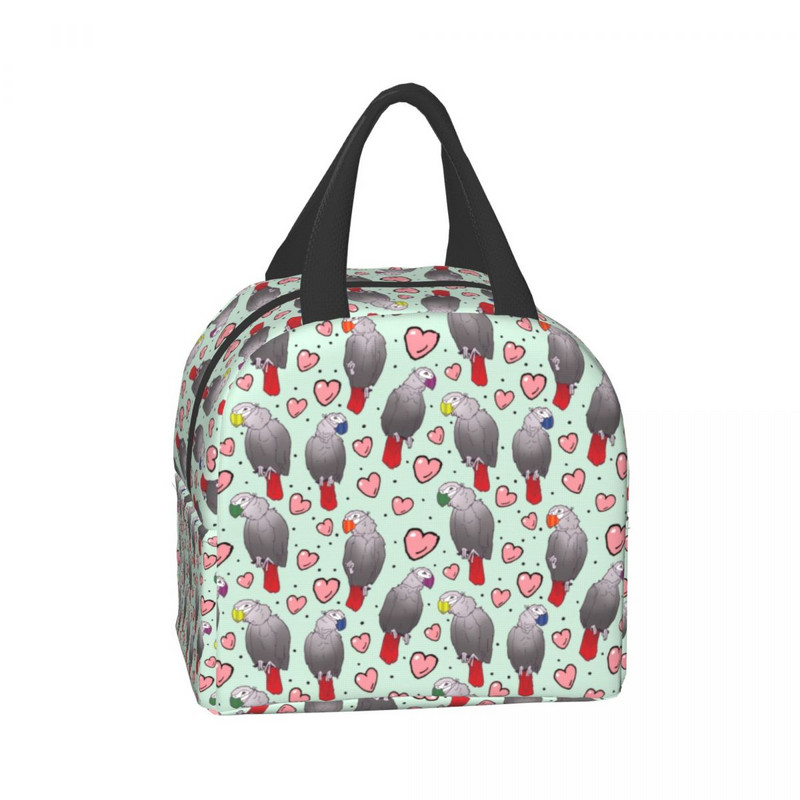 Geantă de prânz izolată cu papagal gri african pentru femei, copii, birou, școală, păsări psitacine, refrigerator termic și cald, cutie Bento