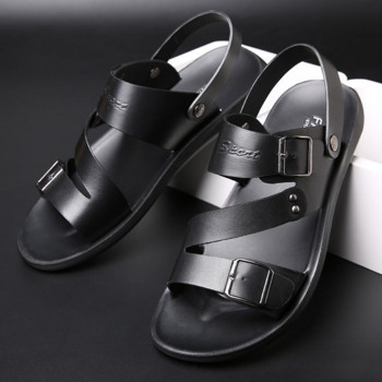 Модни удобни мъжки сандали Едноцветни мъжки кожени сандали с отворени пръсти 2023 г. Нови чехли Плажни за мъжки кожени обувки