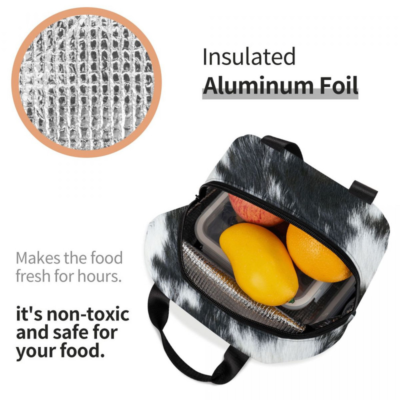 Geantă de prânz izolată cu imprimeu de vacă din piele de vacă, pentru femei, cutie termică de prânz, impermeabilă, pentru copii, școlari