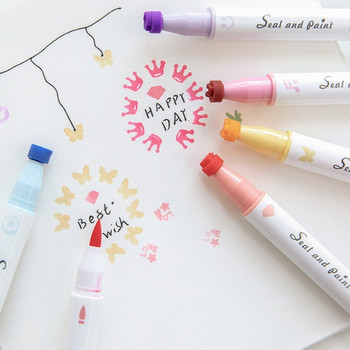 6 бр. Комплект писалки с цветни печати Seal Paint Двустранна четка и хайлайтър Liner Art Marker for Drawing School A7356
