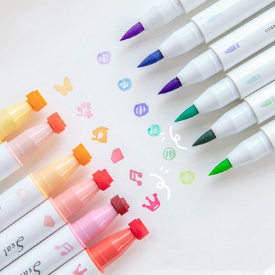 6 бр. Комплект писалки с цветни печати Seal Paint Двустранна четка и хайлайтър Liner Art Marker for Drawing School A7356