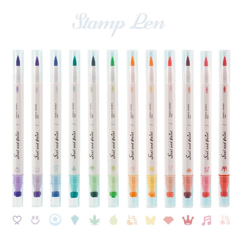 6db színes bélyegző toll szett pecsétfesték kétoldalas ecset és kiemelő bélés jelölő rajziskolához A7356
