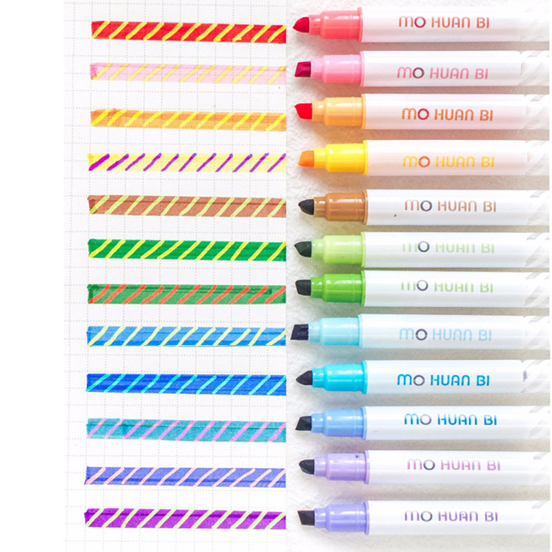 Kétfejű színváltó fluoreszkáló toll, 12 színű, kétvégű kiemelő jelölőtoll készlet, kétoldalas többszínű jelölőtoll