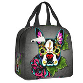 Ημέρα των νεκρών Boston Terrier θερμομονωμένη τσάντα μεσημεριανού γεύματος Γυναικεία φορητό κουτί μεσημεριανού γεύματος για εργασία Σχολείο Ταξίδι Φαγητό για πικνίκ