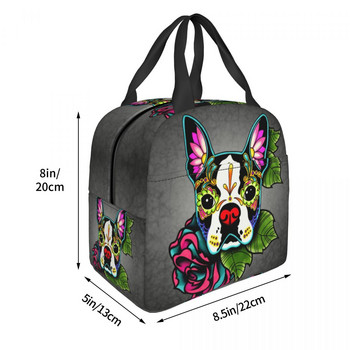 Ημέρα των νεκρών Boston Terrier θερμομονωμένη τσάντα μεσημεριανού γεύματος Γυναικεία φορητό κουτί μεσημεριανού γεύματος για εργασία Σχολείο Ταξίδι Φαγητό για πικνίκ