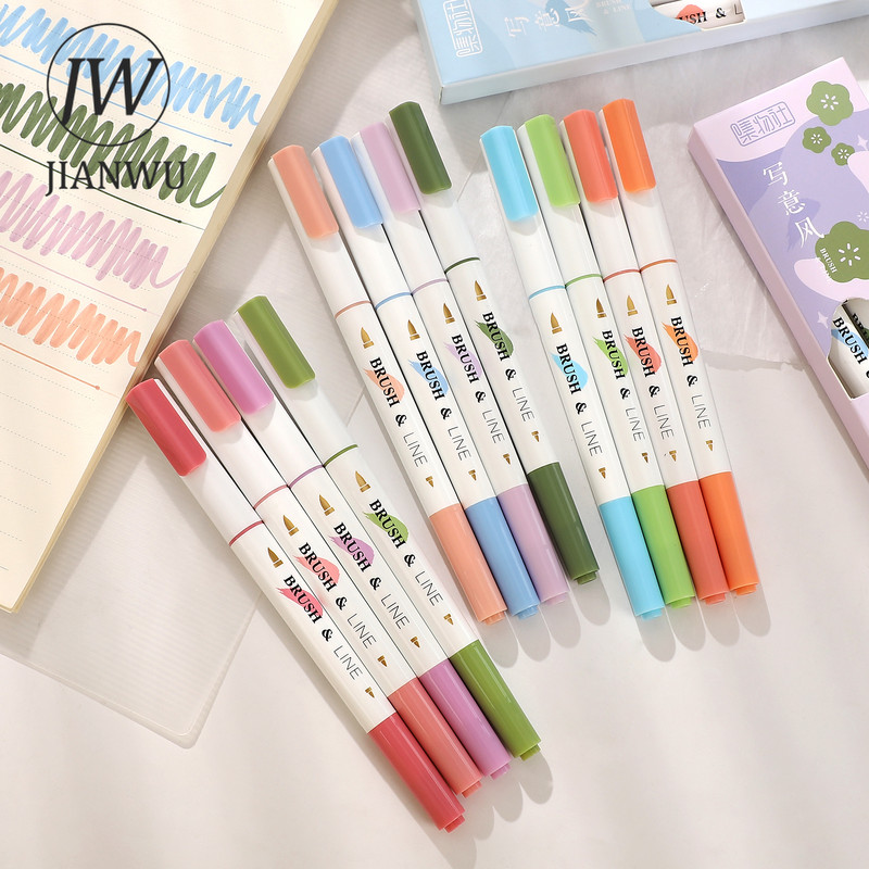 JIANWU 4 db/készlet Egyszerű, sima írás, kétfejű, szuper puha ecsettel festő tollkészlet Kreatív barkácsolás tanulói kellékekhez