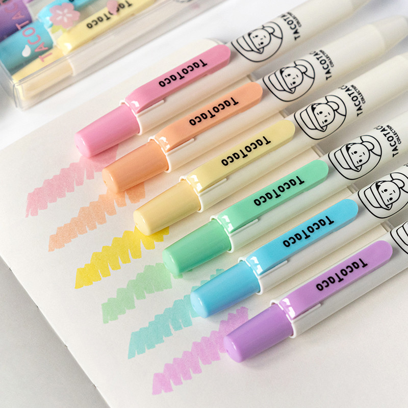 Kiemelők 6 színű, finom csillogású kiemelő markerek, pasztell színű vésőhegyű jelölőtoll