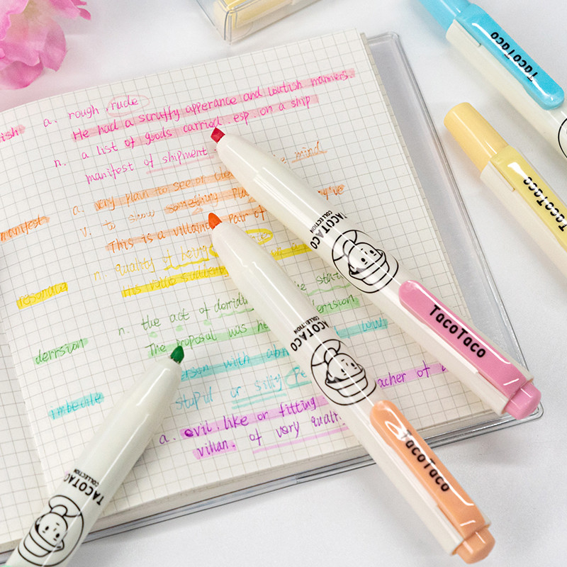 Kiemelők 6 színű, finom csillogású kiemelő markerek, pasztell színű vésőhegyű jelölőtoll