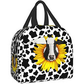Φορητές τσάντες μεσημεριανού γεύματος Sunflower Cow print Insolated Lunch Box Επαναχρησιμοποιούμενο Cooler Tote Bag με μπροστινή τσέπη για γυναίκες