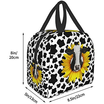 Φορητές τσάντες μεσημεριανού γεύματος Sunflower Cow print Insolated Lunch Box Επαναχρησιμοποιούμενο Cooler Tote Bag με μπροστινή τσέπη για γυναίκες