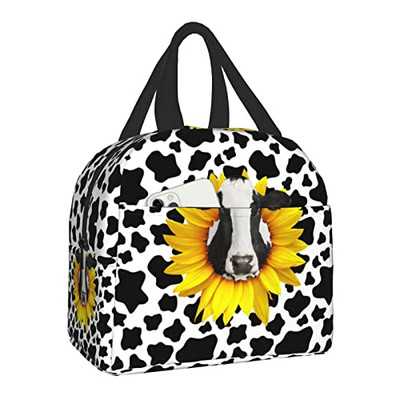 Φορητές τσάντες μεσημεριανού γεύματος Sunflower Cow print Insolated Lunch Box Επαναχρησιμοποιούμενο Cooler Tote Bag με μπροστινή τσέπη για γυναίκες