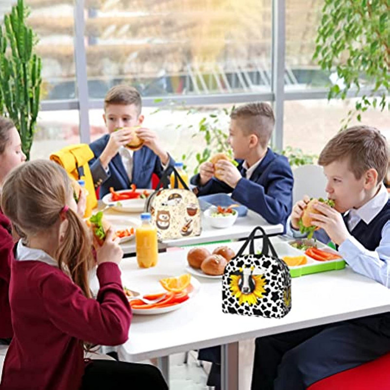 Hordozható ebédtáskák napraforgó tehén mintás szigetelt ebédlődoboz Újrafelhasználható hűtőtáska elülső zsebbel nőknek