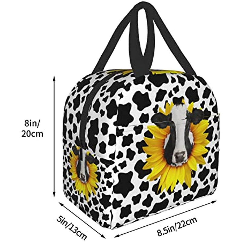 Hordozható ebédtáskák napraforgó tehén mintás szigetelt ebédlődoboz Újrafelhasználható hűtőtáska elülső zsebbel nőknek