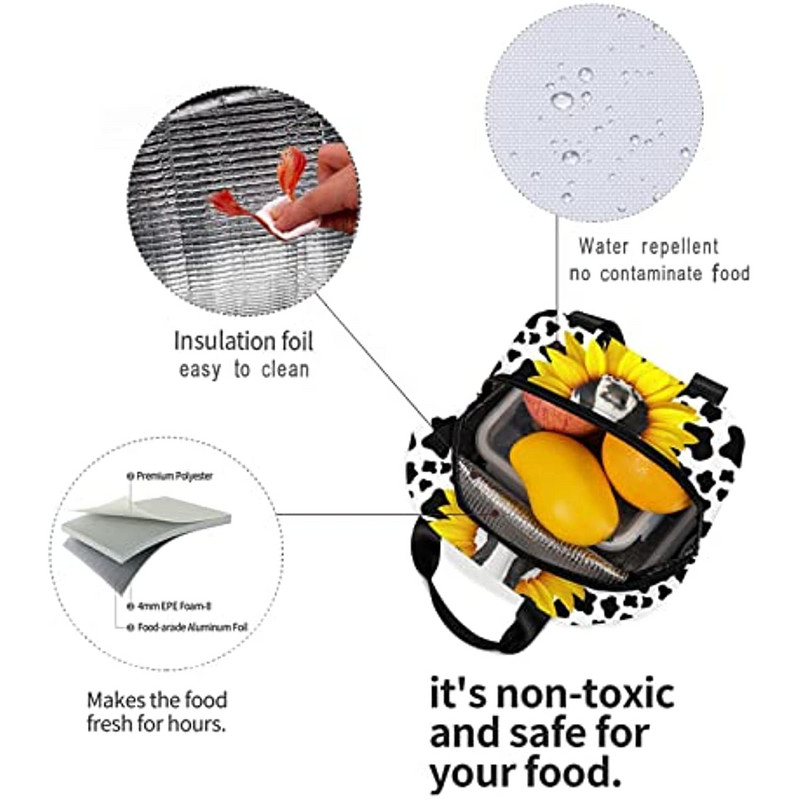 Hordozható ebédtáskák napraforgó tehén mintás szigetelt ebédlődoboz Újrafelhasználható hűtőtáska elülső zsebbel nőknek