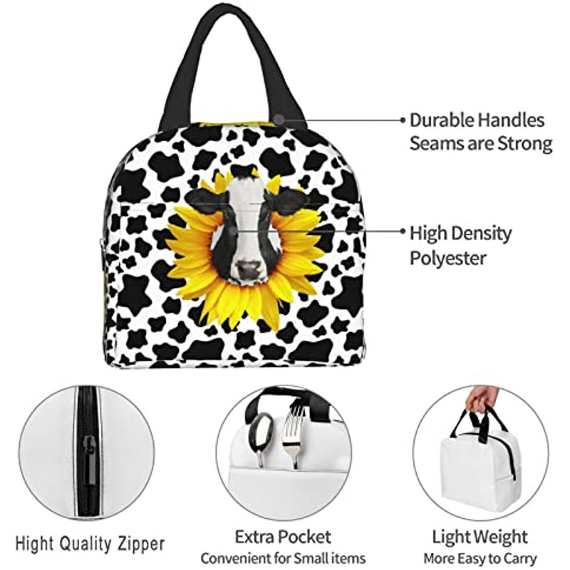 Hordozható ebédtáskák napraforgó tehén mintás szigetelt ebédlődoboz Újrafelhasználható hűtőtáska elülső zsebbel nőknek