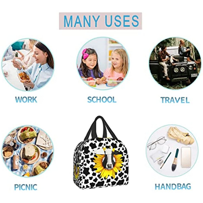 Hordozható ebédtáskák napraforgó tehén mintás szigetelt ebédlődoboz Újrafelhasználható hűtőtáska elülső zsebbel nőknek