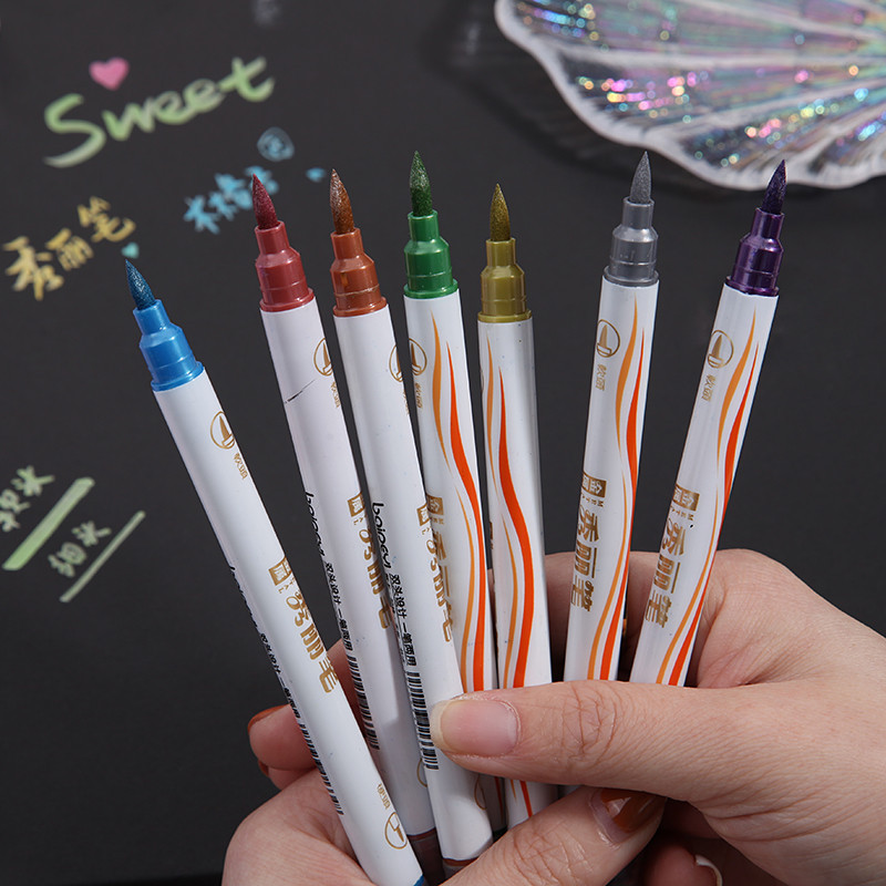 10 szín/beállított finom ecsettel fémes jelölőtoll, dupla hegyű jelölő fekete papírhoz, kalligráfiai művészeti tollfestés rajzhoz