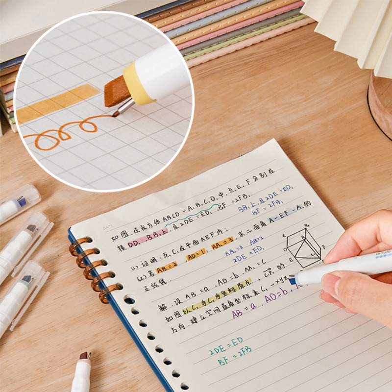 5db/szett 4mm-es ecsetjelölő 1mm-es béléstű, kétvégű fluoreszkáló toll Spot Highlight rajzoló irodai iskolához