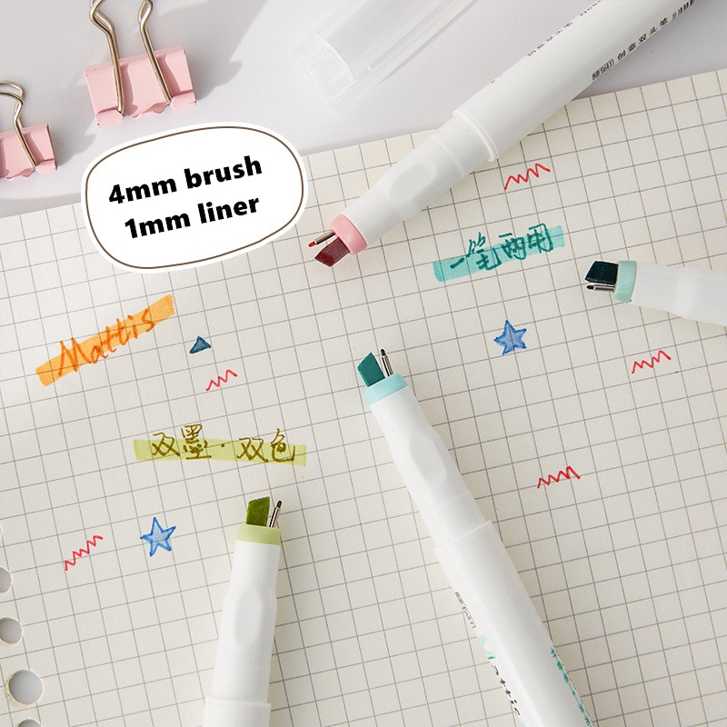 5db/szett 4mm-es ecsetjelölő 1mm-es béléstű, kétvégű fluoreszkáló toll Spot Highlight rajzoló irodai iskolához
