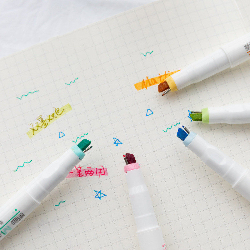 5db/szett 4mm-es ecsetjelölő 1mm-es béléstű, kétvégű fluoreszkáló toll Spot Highlight rajzoló irodai iskolához