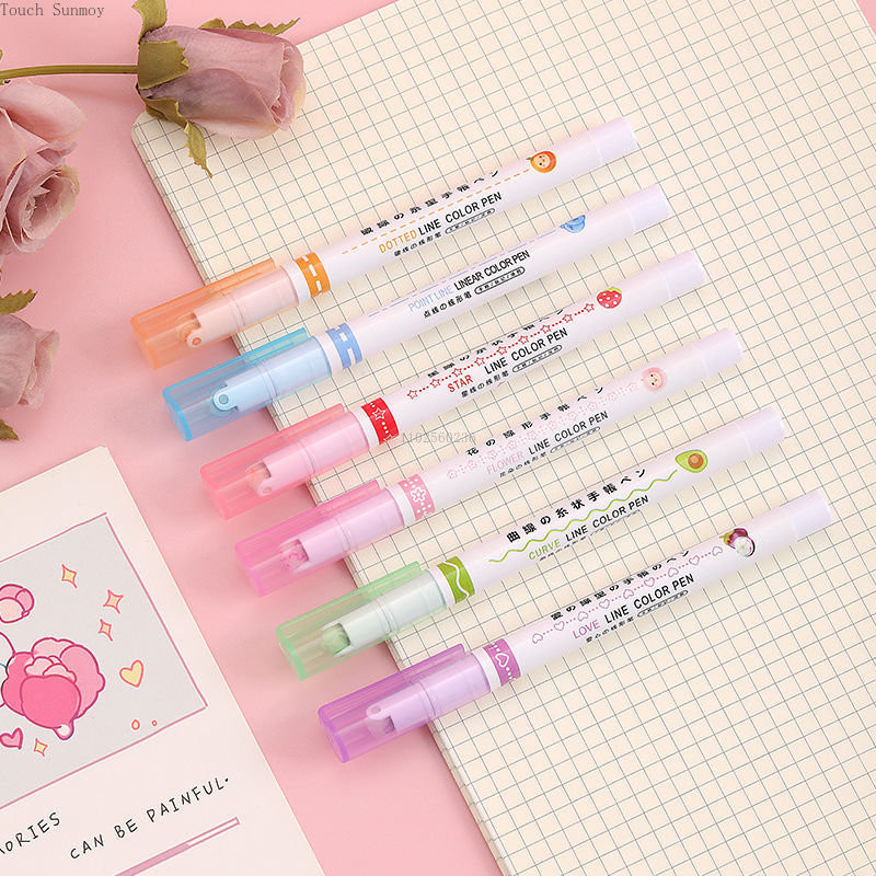 6db Vonalkontúr formájú kiemelő toll Többszínű görgős hegyű görbe bélés jelölő iskolai graffiti művészeti írószerek