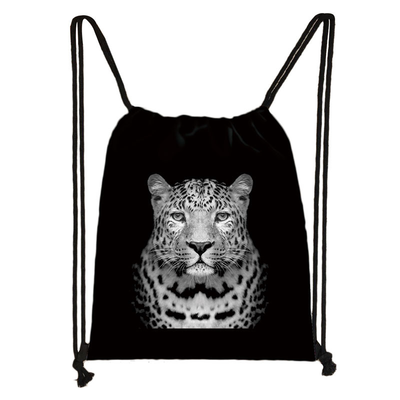 Fekete-fehér Vadállatok Nyomtatás Zsinóros táska Férfi Tárolás Cool Boys Tigris Farkas Oroszlán hátizsák Tinédzser utazótáskák Ajándék