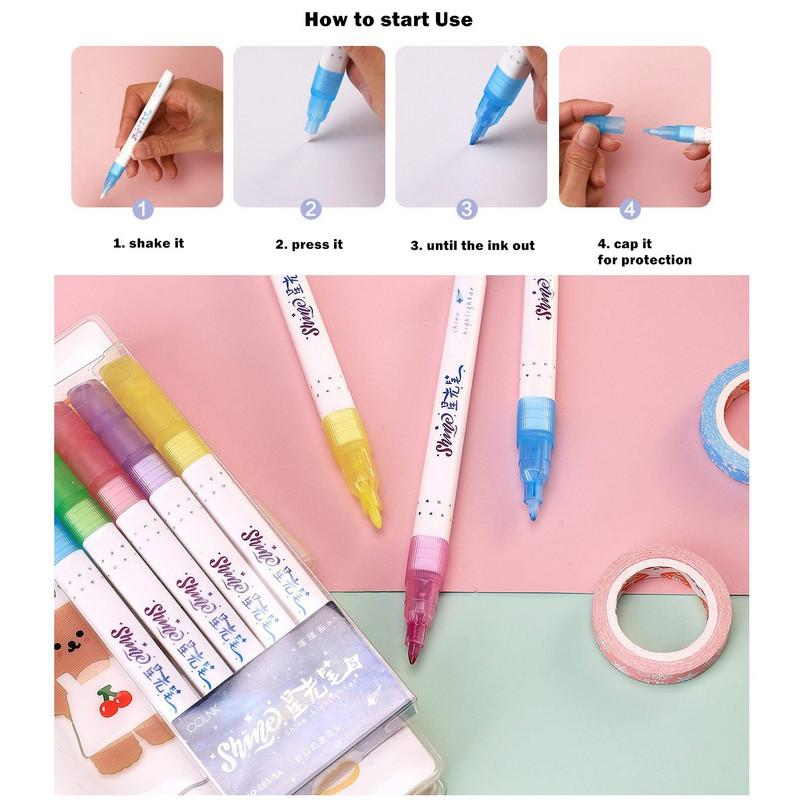 5db Shine Highlighter tollkészlet Bling Glitter Shining Art Marker Színes Rajzfesték Újságnapló Iskolához A6243
