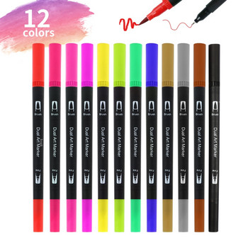 12 бр./компл. цветни химикалки двуглави маркери четка за рисуване манга кука линия химикалки арт маркери ученически пособия канцеларски материали
