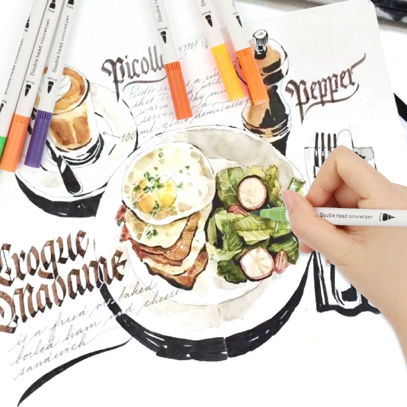 12db/készlet Színes tollak Kétfejű jelölő tollak Ecset rajz Manga horogvonal Toll Művészeti jelölők Iskolai kellékek Irodaszerek