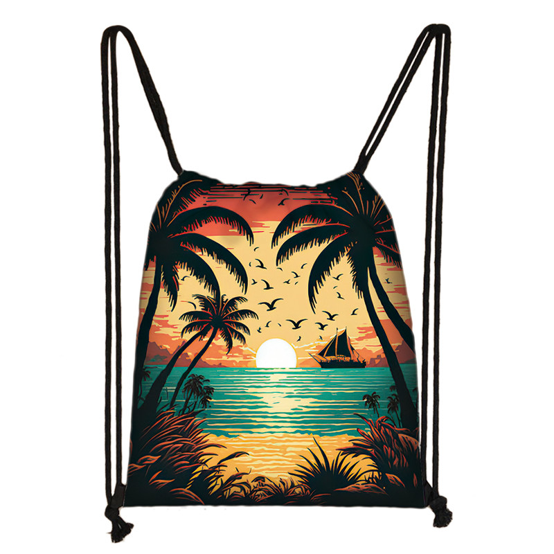 Tájkép Sunset Kókuszpálma húzózsinór táska Trópusi virágos hátizsákok kültéri utazáshoz sporttároló táska cipőtartó