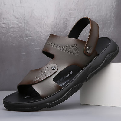 Мъжки сандали Летни нови модни мъжки плъзгащи се чехли Външни обувки от естествена кожа Нехлъзгащи се плажни сандали с плъзгащи се чехли