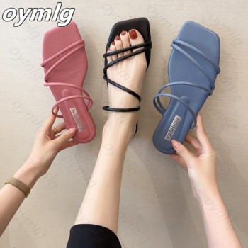 Чехли дамски лято 2021 г. корейска версия нов квадратен пръст плосък ток бонбонен цвят модни горни облекла сандали чехли