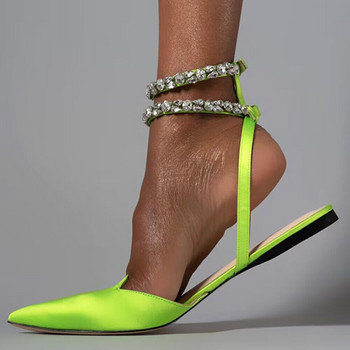Блестящи кристални гладиаторски сандали с плоски токчета Дамски летни 2023 г. Розови парти обувки с остър връх Дамски обувки с голям размер 42 Помпи с презрамки на глезена