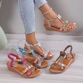 Γυναικεία πέδιλα Wedge Summer Bohemia Rhinestones Casual Platform Sandals Γυναικεία Peep Toe Υπαίθρια παπούτσια παραλίας обувь женская летняя