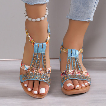 Дамски сандали на танкетка, летни бохемски кристали, ежедневни сандали на платформа, женски плажни обувки с открити пръсти обувь женская летняя